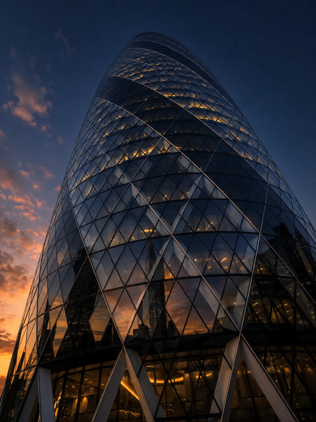 Glass tower in the City of London reflecting the skyline at dusk